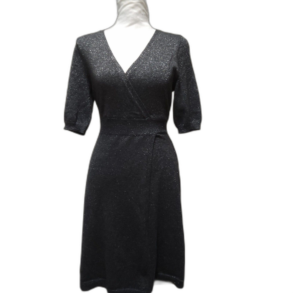 Liz Claiborne Metallic Lurex Faux Wrap Sweater Dress Charcoal Grey Midi Size 4-6